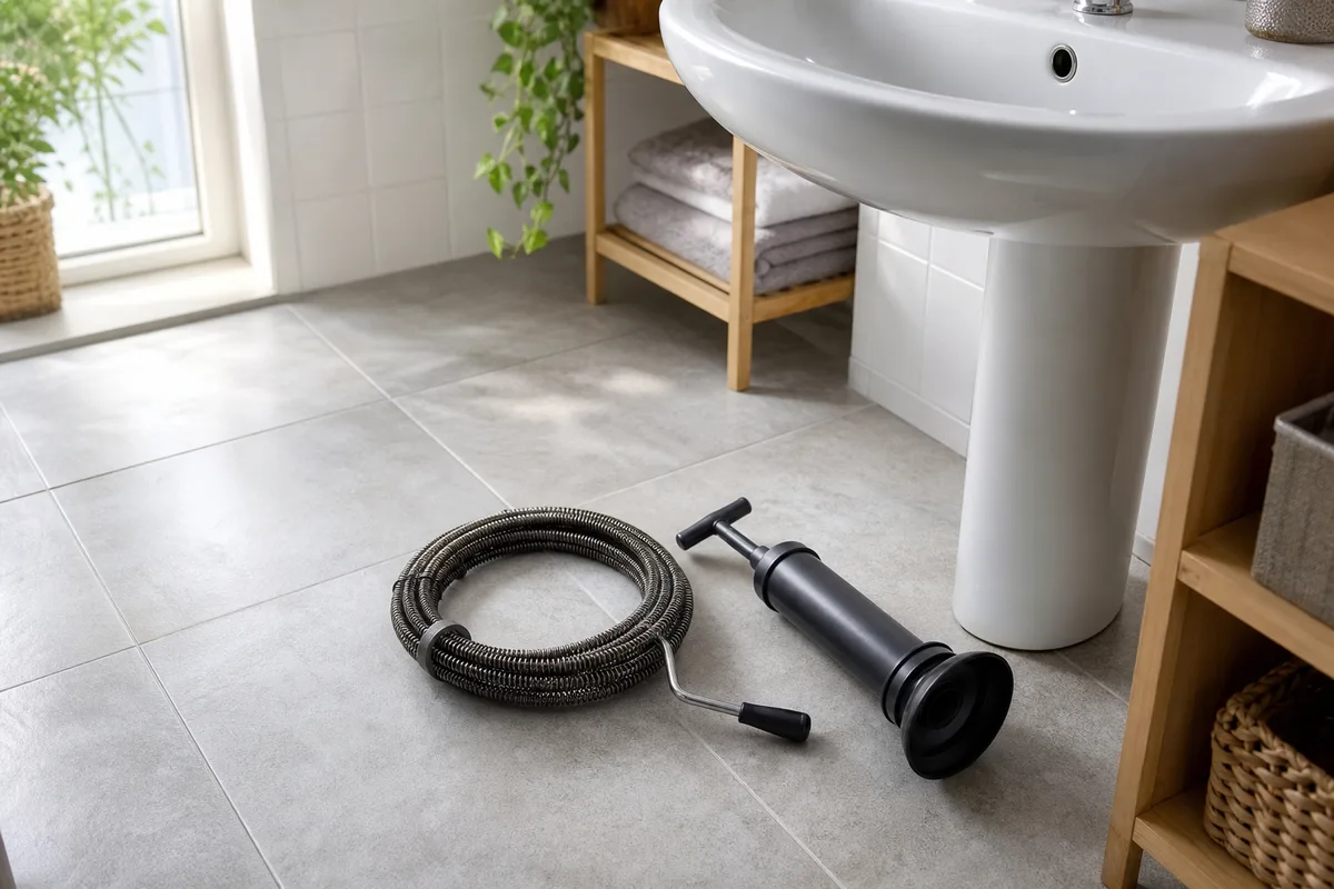 Salle d&rsquo;eau domestique éclairée par une lumière franche, outillage de débouchage posé au sol près d&rsquo;un lavabo