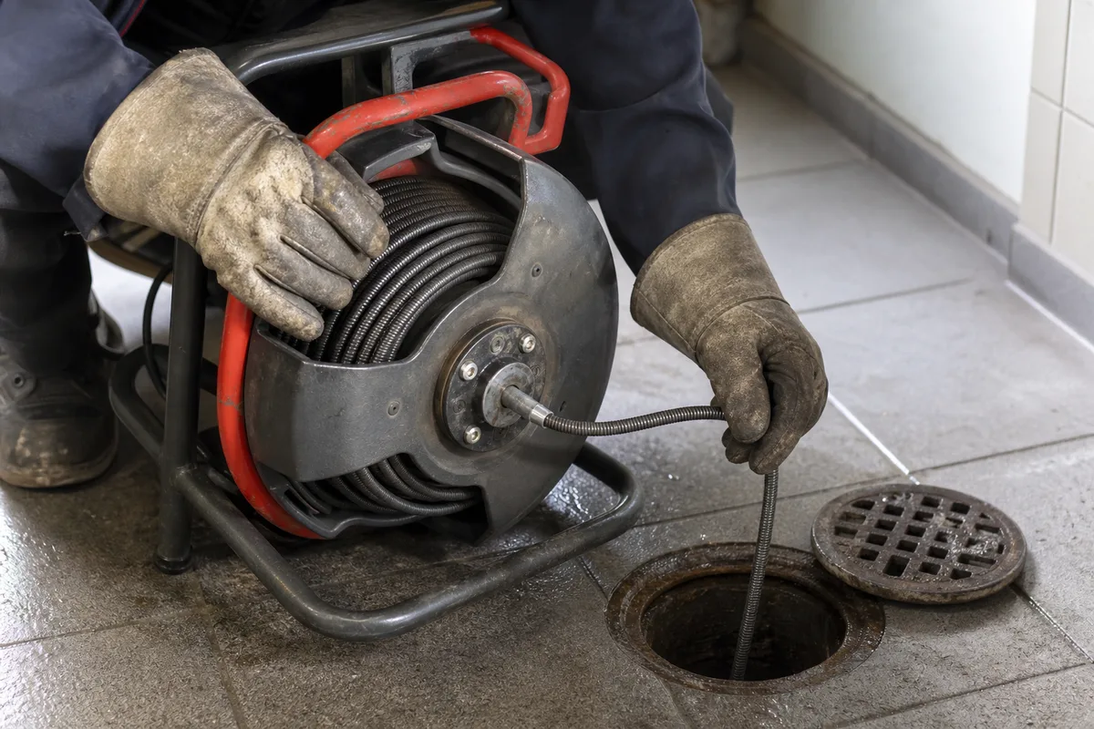 Furet électrique professionnel introduit dans une canalisation d&rsquo;évacuation