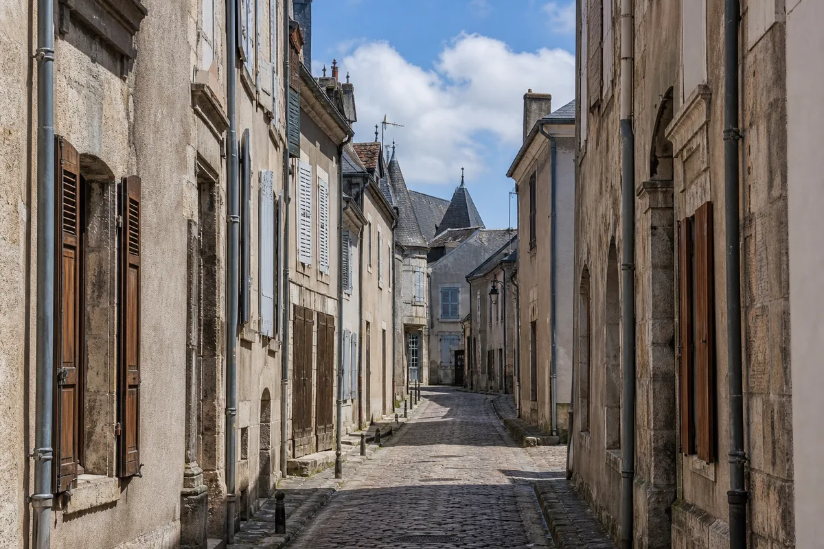 Ruelle ancienne d’Argenton-sur-Creuse aux maisons descendant vers la rivière, façades de pierre et volets de bois
