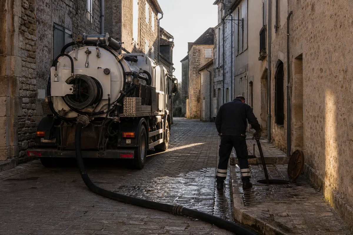 Camion hydrocureur stationné dans une rue étroite de centre ancien, flexible haute pression déroulé vers un regard, lumière franche de fin de journée