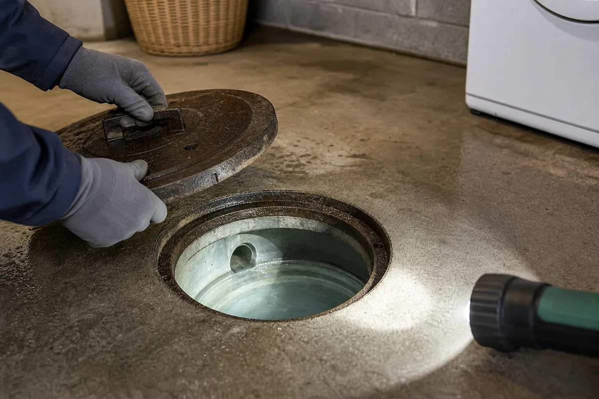 Regard d’évacuation ouvert dans un sous-sol de pavillon, eau claire visible au fond, éclairage de lampe technique