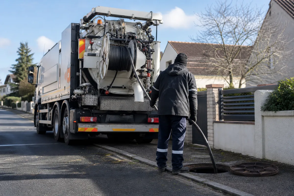 Camion hydrocureur stationné dans une rue résidentielle bordée de pavillons, flexible haute pression déroulé sur le trottoir