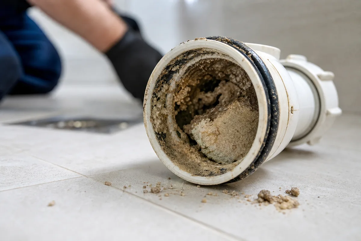 Siphon de douche démonté révélant un dépôt de sable compacté dans une salle d’eau, lumière franche de fin de journée
