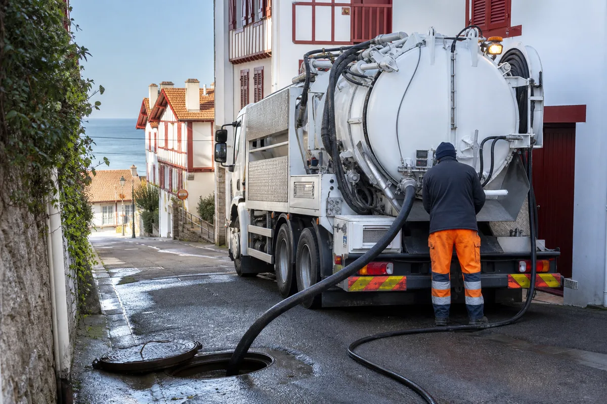 Camion hydrocureur stationné dans une rue basque près du front de mer, flexible haute pression déroulé vers un regard, matinée lumineuse