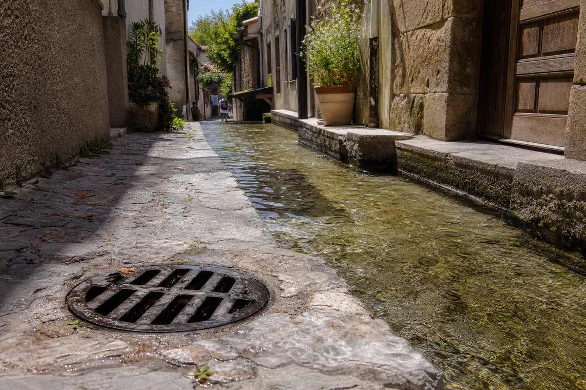 Ruelle du centre ancien de L&rsquo;Isle-sur-la-Sorgue bordée d&rsquo;un canal, façades en pierre et évacuations visibles au ras de l&rsquo;eau