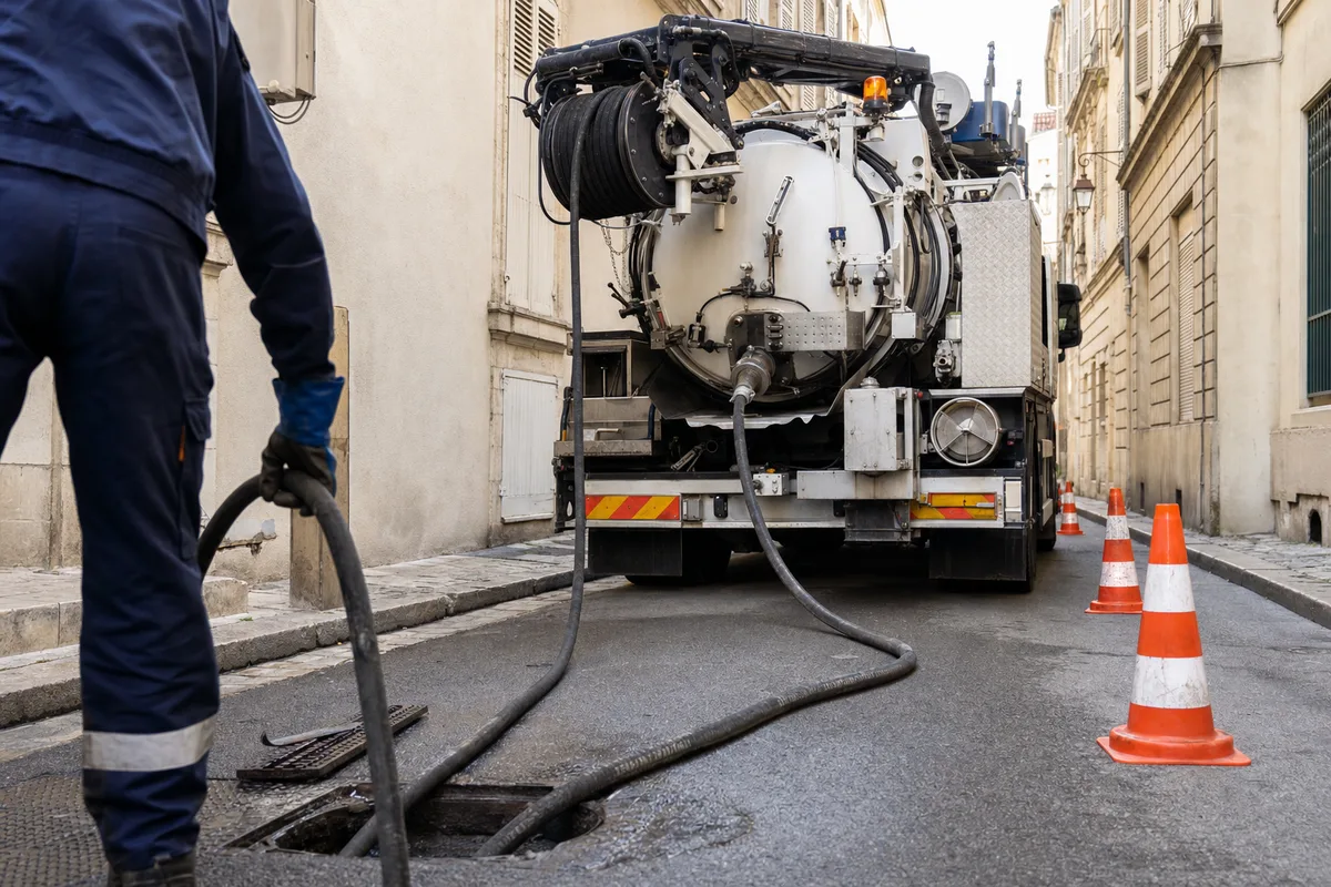 Camion hydrocureur haute pression stationné dans une rue étroite, flexible déroulé vers une bouche d&rsquo;évacuation