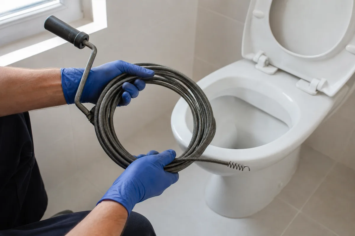Salle d’eau domestique aux carreaux clairs, mains gantées présentant un furet manuel devant une cuvette de WC, lumière franche de fenêtre