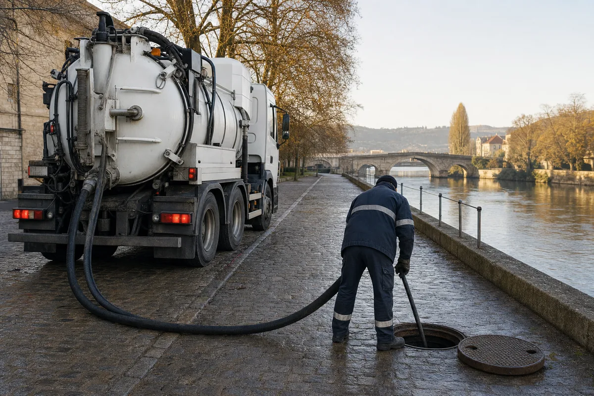 Camion hydrocureur stationné dans une rue pavée en bord de rivière, flexible haute pression déroulé vers un regard d’assainissement ouvert, lumière du matin