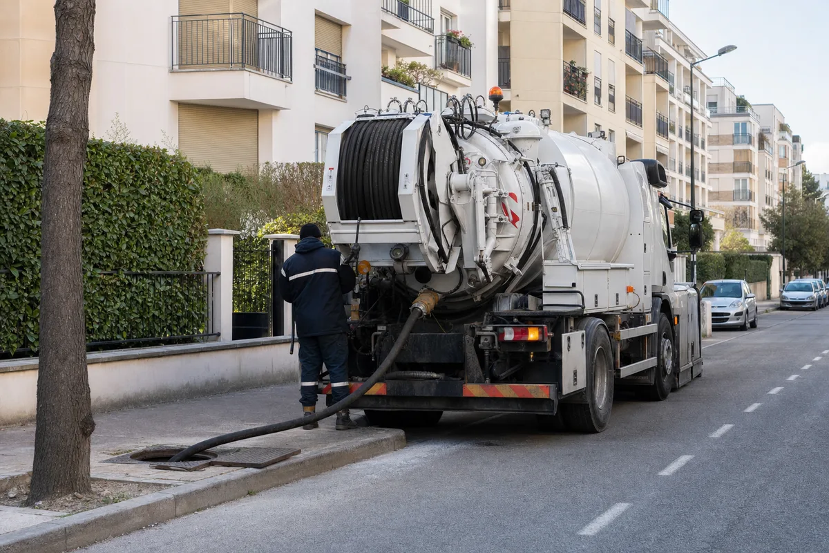 Camion hydrocureur stationné dans une rue de collectif dense