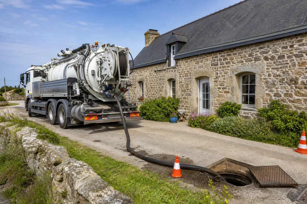 Camion hydrocureur stationné devant une longère bretonne en pierre, tuyau haute pression déroulé vers un regard de fosse, ciel clair de bord de mer