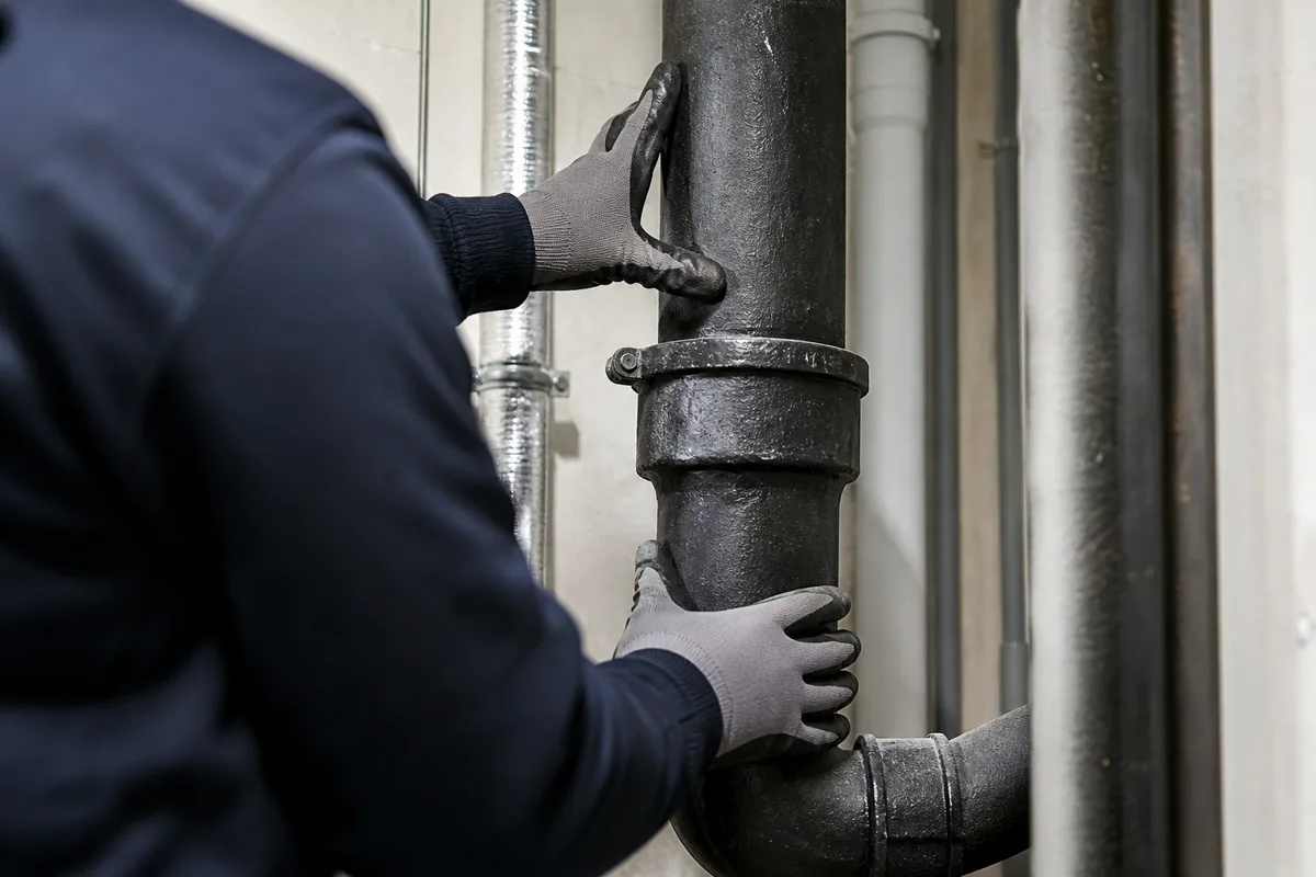 Colonne d’évacuation verticale en fonte dans la gaine technique d’un immeuble collectif