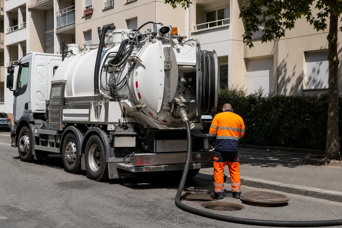 Camion hydrocureur stationné en pied d’immeuble avec flexible haute pression déroulé
