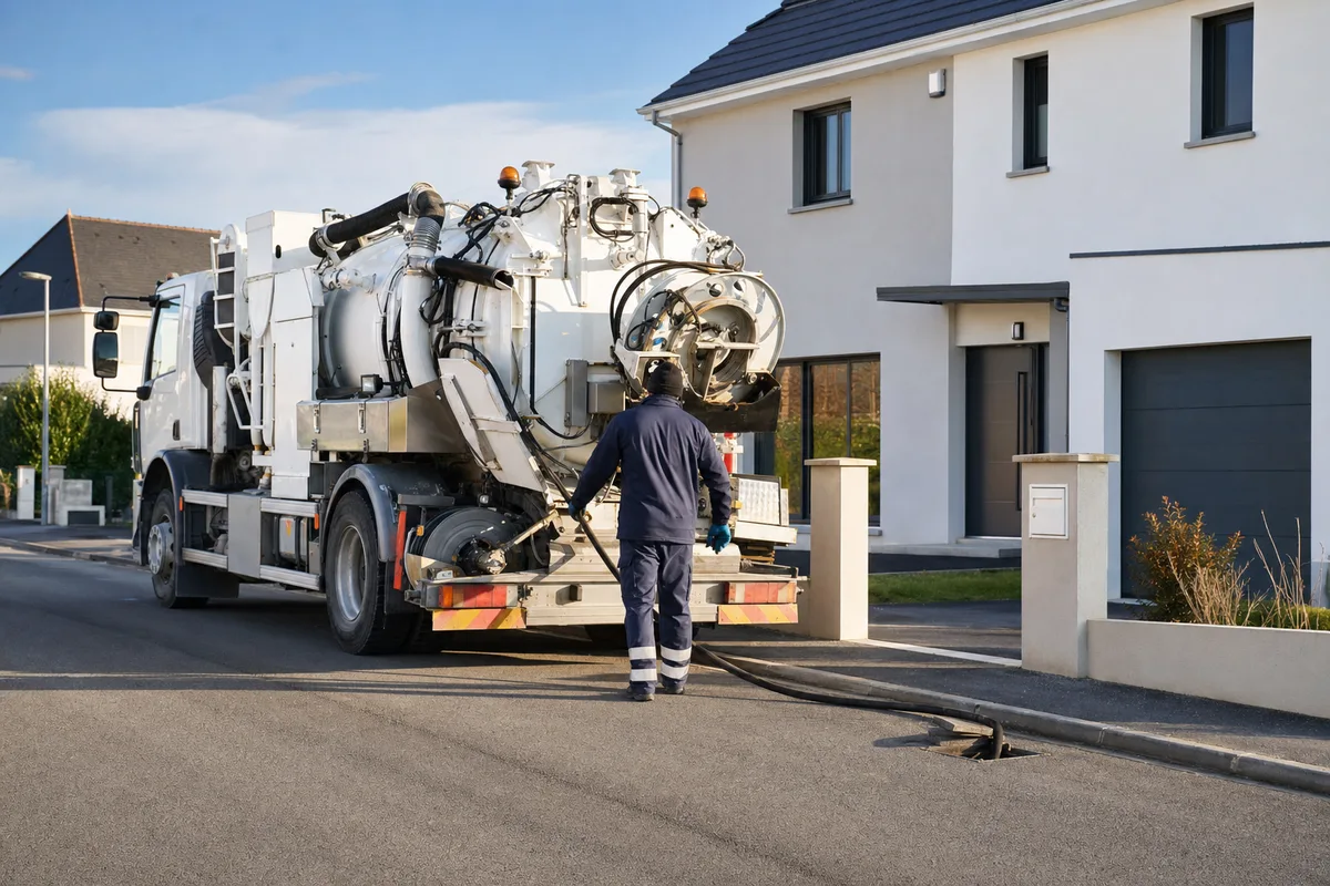Camion hydrocureur professionnel stationné devant un pavillon récent de lotissement vendéen, tuyau haute pression déroulé, lumière franche de fin d’après-midi