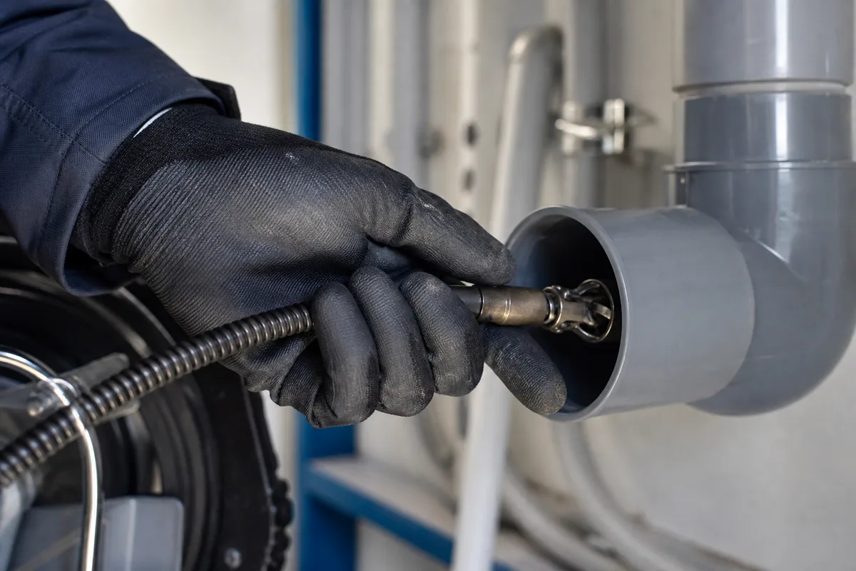 Main gantée guidant un furet électrique dans une canalisation ouverte, atelier propre, éclairage technique net, sans visage ni texte visible