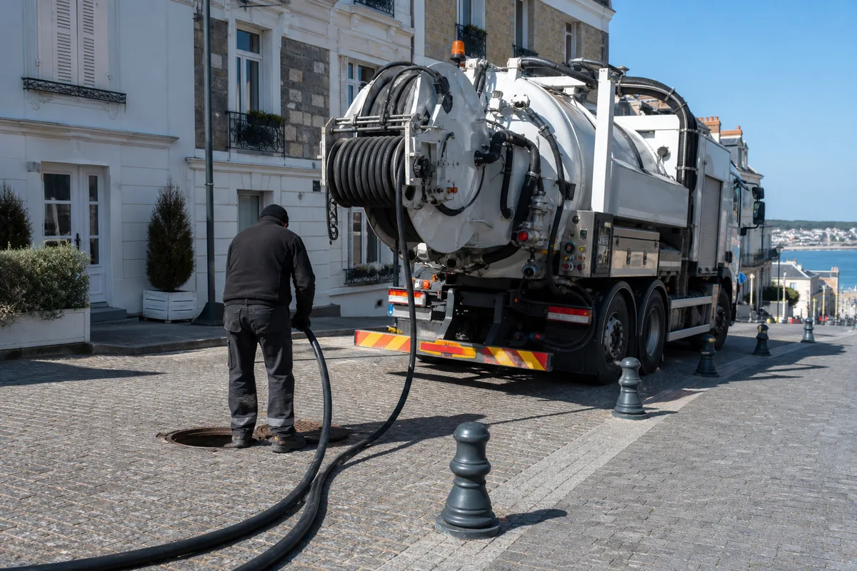 Camion hydrocureur stationné dans une rue pavée près du front de mer, flexible haute pression déroulé