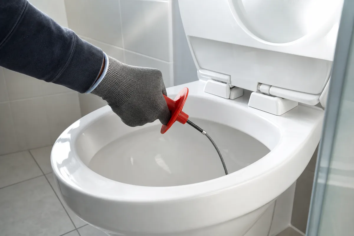 Salle d’eau domestique où une main gantée manœuvre un furet manuel dans une cuvette de WC, lumière franche de fenêtre