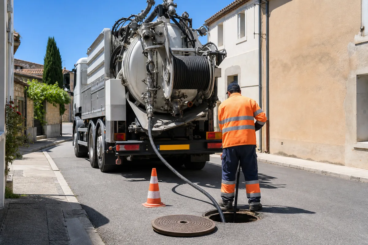 Camion hydrocureur professionnel stationné dans une rue de village, tuyau haute pression déployé vers un regard d’assainissement ouvert
