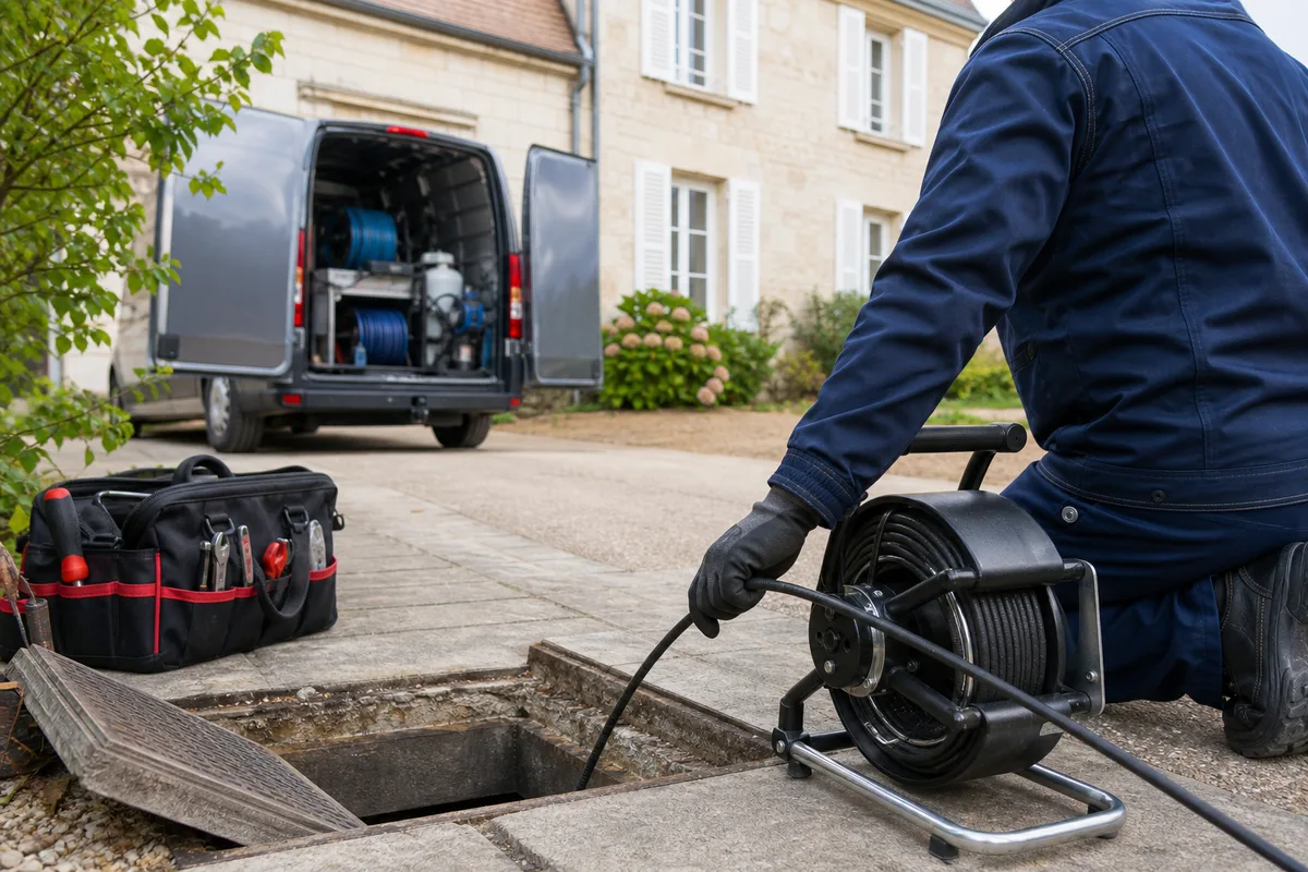 Débouchage d'une canalisation par un professionnel équipé